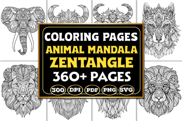 Animal Mandala Zentangle Graphics for Editorial Coloring Pages