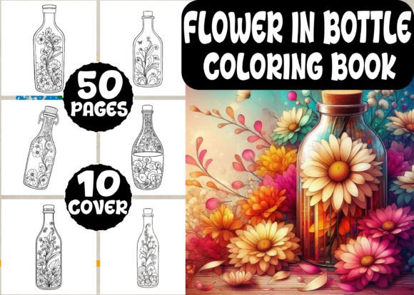 Flowers in Bottle Coloring Book for Graphics and Coloring Pages